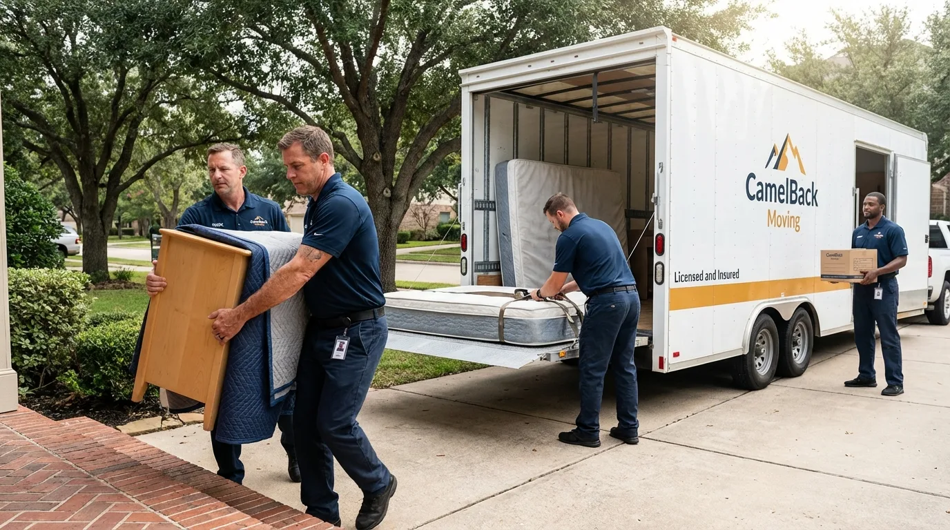 Crew loading residential truck for cross-state move from Franklin, VA