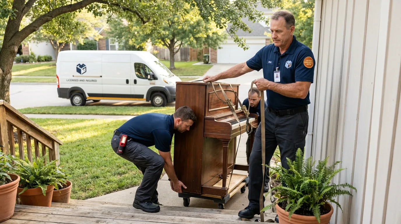Licensed piano movers securing grand piano in Franklin, VA