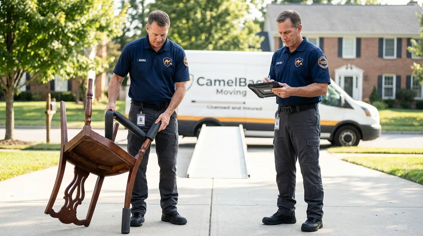 Movers inspecting furniture for damage prevention before loading in Franklin, VA