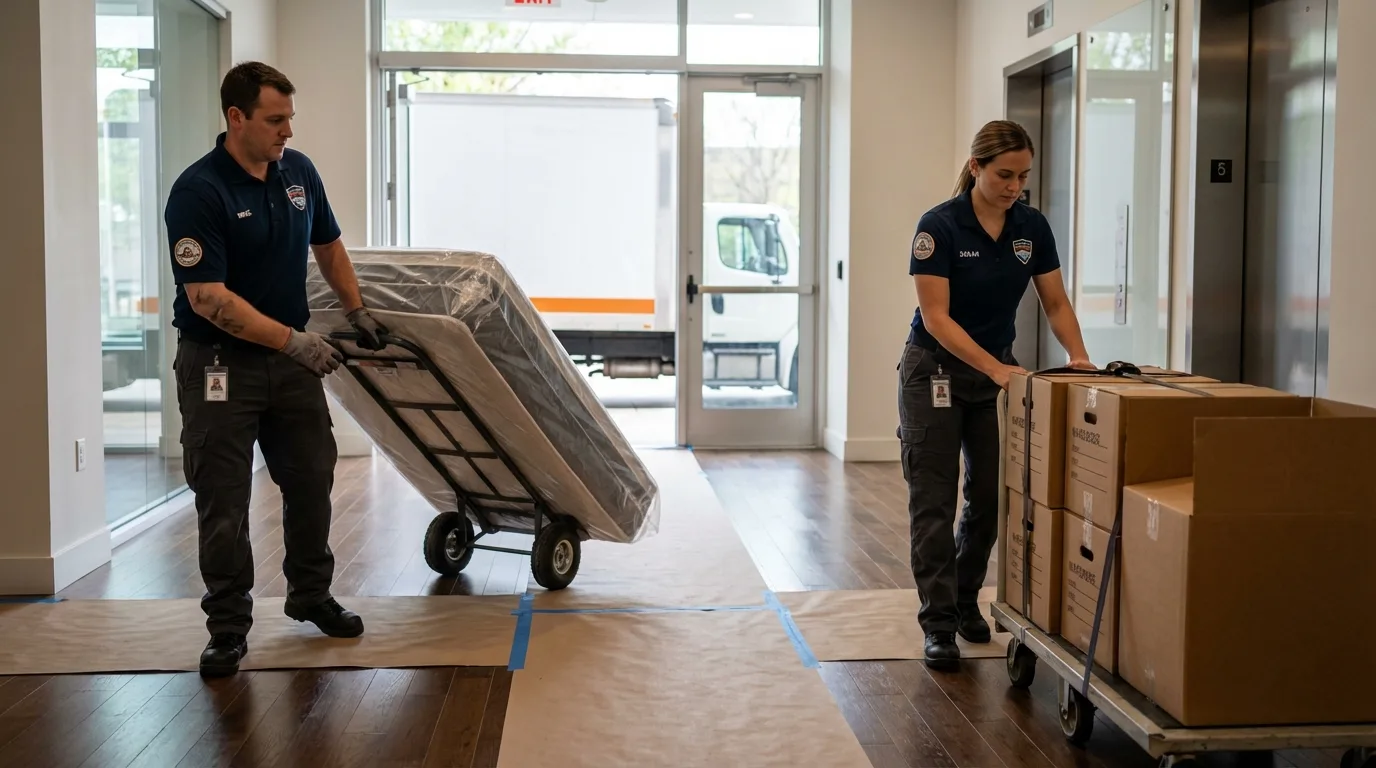 Professional apartment movers loading elevator in Franklin, VA