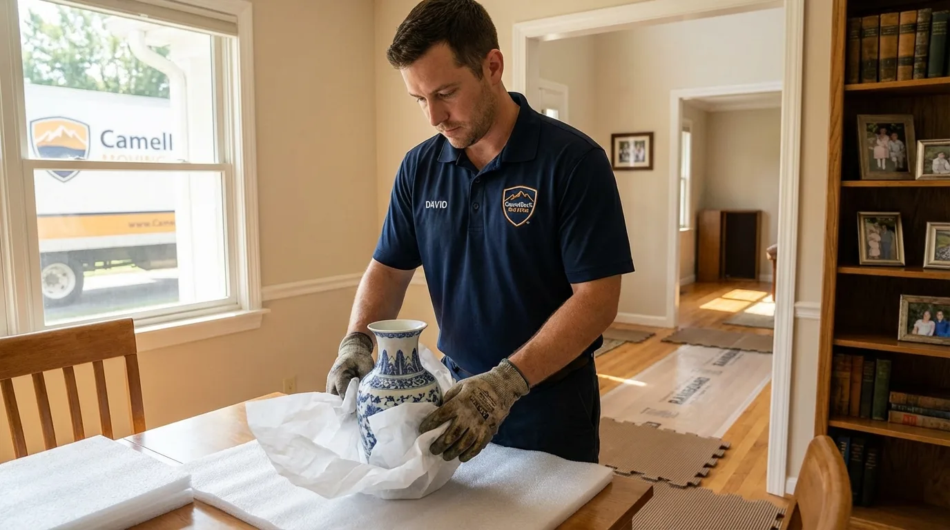 Professional crew carefully wrapping antique vase for senior downsizing move in Franklin, VA